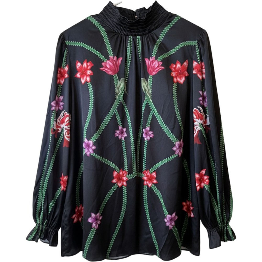 Tucker Womens Silk Stella Top 2X Black Art Nouveau Floral Smocked Blouse NWT